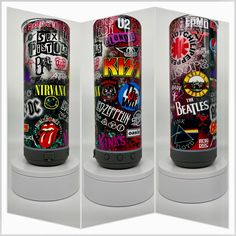 three different images of the same cell phone with various stickers on it, and one has an image of the rolling stones