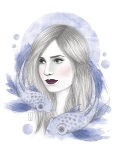 a drawing of a woman with long hair and two fish on her neck, in blue watercolor