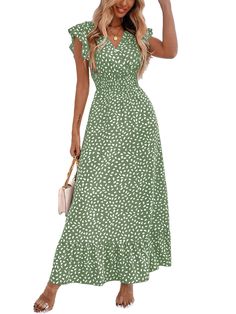 PRICES MAY VARY. V neck,ruffle cap sleeve dot,short sleeve,floral print,dot pattern,elastic high waist, ruffle hem,a-line flowy midi dress for women and girls. Casual and elegant style. cap sleeve ruffle hem a-line flowy elastic waist midi dress made you easy to put on and take off,show off your charming waist line. This boho floral midi dress can be worn alone or paired with a hat, high heels, wedges, earrings, necklaces, sunglasses, ankle chains and jewelry to make you more attractive. Ladies Casual Cap Sleeve Dress With Ruffles, Birthday Cocktail, Jewelry To Make, Midi Dress For Women, 2025 Wedding, Dinner Night, Flowy Midi Dress, Elastic Waist Dress, Floral Ruffle