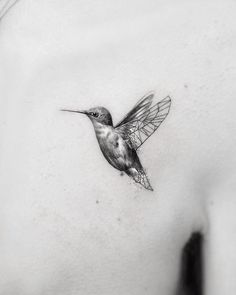 a black and white photo of a hummingbird on the back of a woman's stomach