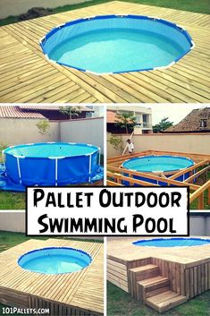 an above ground swimming pool with steps and ladders to the bottom, surrounded by wooden decking