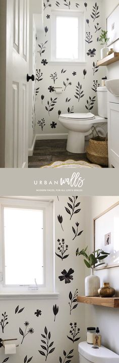 two pictures of the same bathroom with black and white wall decals on each side