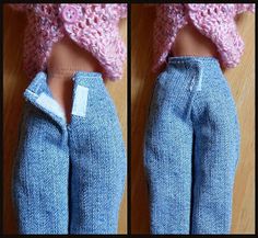 two pictures of a doll's pants and the bottom part of her body is made out of blue jeans