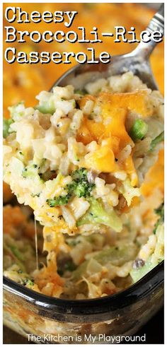 broccoli rice casserole is being lifted from a glass dish with a spoon