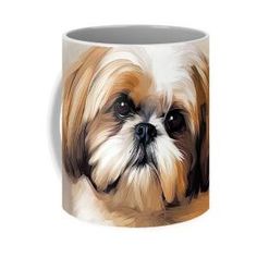 a close up of a dog's face on a coffee mug with a white background