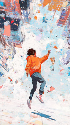 a painting of a person jumping in the air on a city street with lots of buildings