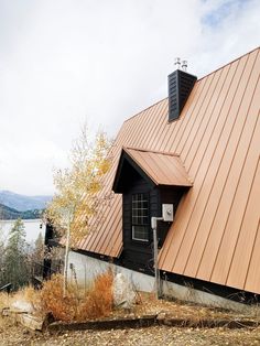 a house with a metal roof next to a body of water in the fall or winter