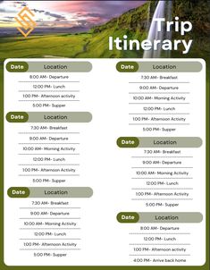 a green and white flyer with the words trip itinerary