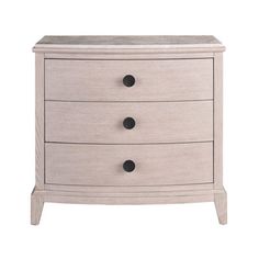 a white dresser with three drawers and two black knobs on the bottom drawer, against a white background