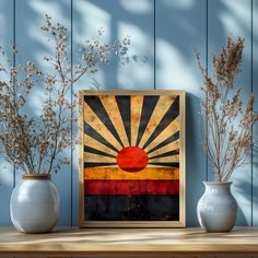 three vases with flowers in front of a painting on a shelf next to some plants