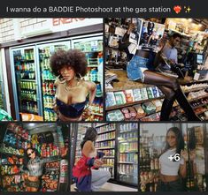 the woman is posing for pictures in front of the soda machine and she has an afro hairdo