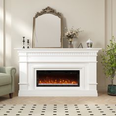 a living room with a white fireplace and a mirror on the wall next to it