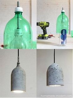 four different views of the same light fixture and one with a green bottle on it