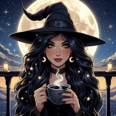 a woman with long black hair wearing a witches hat and holding a cup of coffee