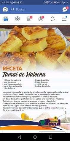 a menu with some food on it and the words receta de maicena