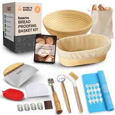 the bread making kit is ready to be made into an ovening basket and other baking supplies