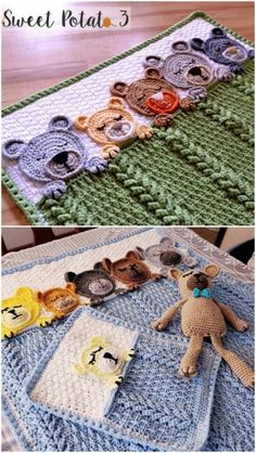 crocheted teddy bears are laying on a blanket with the words sweet polar 3