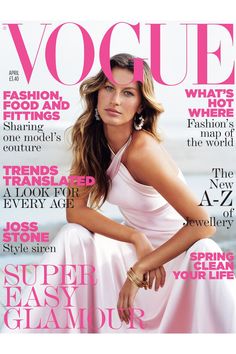 a woman in a pink dress on the cover of a magazine with her hands on her hips