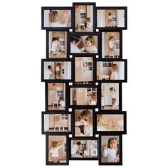 a collage of photos hanging on the wall in front of a white background with black frames