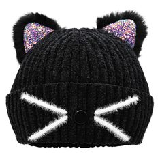 a black knit hat with white cat ears and purple glitters on the eyes,