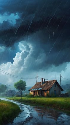 a painting of a house in the middle of a field with rain coming down on it