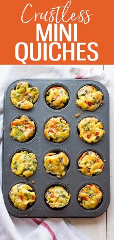 mini quiches in a muffin tin with text overlay