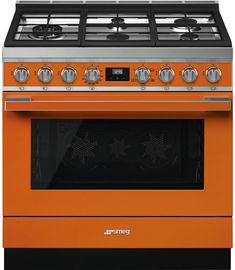 an orange stove with four burners and two oven doors