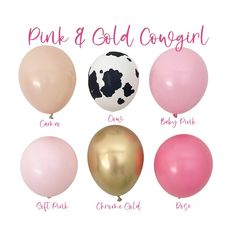 pink, gold, and white balloons with the names of each balloon in different colors