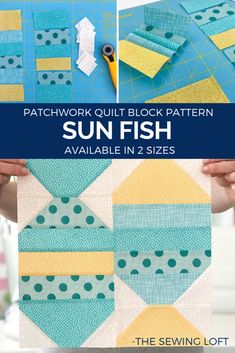 the sun fish quilt block pattern is shown with instructions to make it look like it has been