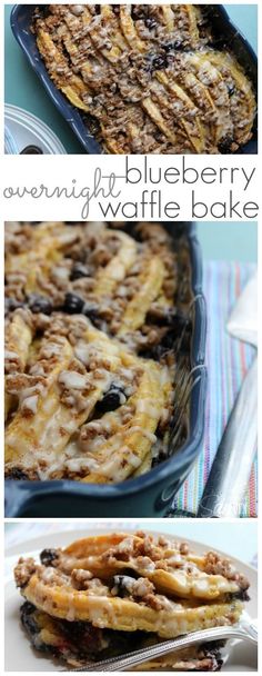 blueberry waffle bake is shown in three different pictures, including the top one with