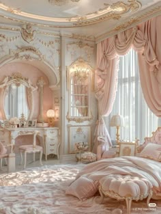 a fancy bedroom with pink and white furniture, chandelier, mirror, bed, curtains, rugs and lights