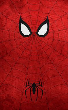 a close up of a spiderman face on a red background with white and black eyes