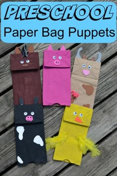 four paper bag puppets with the words preschool paper bag puppets on them, and an image of