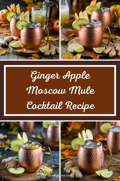 ginger apple moscow mule cocktail recipe in copper mugs with apples and cinnamon on the side