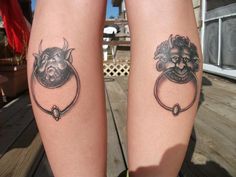 two people with tattoos on their legs