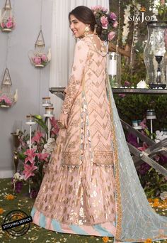 Designer Wedding Party Dress in Peachy Pink Color Peach Dress With Intricate Embroidery For Eid, Peach Embroidered Dress For Eid, Embroidered Peach Anarkali Dress, Pink Chiffon Wedding Gown, Peach Organza Party Dress, Traditional Dresses With Resham Embroidery For Wedding Guest, Peach Sharara With Dabka Work For Weddings, Traditional Dresses For Wedding Guest With Resham Embroidery, Organza Dresses With Chikankari Embroidery For Wedding