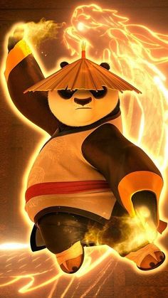 an animated panda bear is dancing with fire in the air and holding his arms up