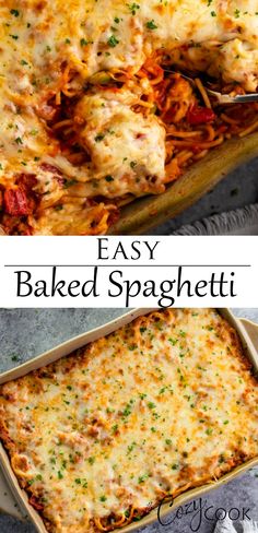 two images side by side showing baked pasta in a casserole dish and the same image with text overlay that reads make ahead baked spaghetti