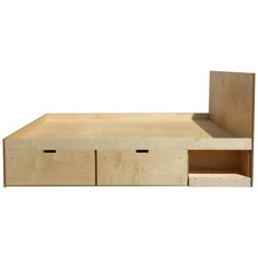 a wooden bed with two drawers on the bottom and an open drawer underneath it, against a white background