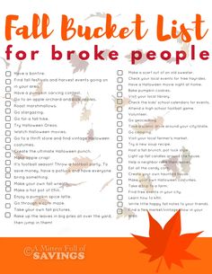 the fall bucket list for broke people is shown in orange and white with an orange maple leaf