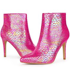 Expertly crafted from snakeskin printed faux leather, this pair features an all-over snake printing and stiletto heels for comfort. A zipper on one side makes it easy to put on and take off. Complete your ensemble with these ankle boots. Colorful Snakeskin Printed Boots, Stiletto Heel Ankle Boots, Pointed Toe, Snake Printing, Side Zip. Vamp: Snakeskin printed Faux Leather; Outsole: Rubber; Heel: ABS. Heel Height: 3 3/4 inches. Please check the size measurement chart before ordering Pointed Toe Snake Print Heels For Party, Snake Print Pointed Toe Heels For Party, Snake Print Pointed Toe Party Heels, Pink High Ankle Heels For Party, Pink Ankle Heeled Boots For Party, Pink Party Ankle Heeled Boots, Pink Party Ankle Boots, Pink Ankle-high Boots For Evening, Pink Ankle Boots For Evening