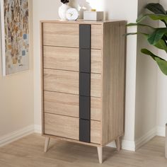 Lillie Light Oak and Grey 5-Drawer Chest - living-essentials Vertical Drawer, Modern Chests, Mid Century Modern Lighting, 5 Drawer Chest, Ashley Furniture Homestore, Baxton Studio, Wooden Chest, Modern Light, Leather Furniture