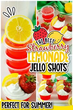 Three photo collage of strawberry lemonade Jell-O shots garnished with whipped cream, lemon slices and strawberries with text overlay. Strawberry Lemonade Jello Shots, Strawberry Margarita Jello Shots, Lemonade Jello Shots, Margarita Jello Shots, Best Jello Shots, Strawberry Vodka, Jello Shot, Pudding Shots