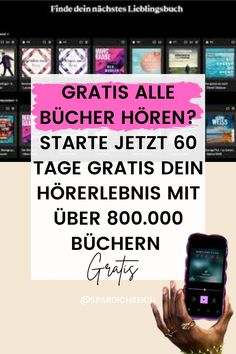 a person holding up a cell phone in front of a sign that reads gratis alle bucher horen?