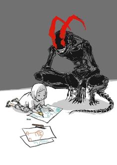 an alien sitting on the ground next to a drawing