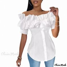 Olivia Mark - Innovative and Lovely Sweet Style Polyester Shirt with Cardigan Collar and Slim Fit Asymmetrical Hem Top, Pullover Mode, Hem Blouse, Off Shoulder Fashion, Ruffle Shirt, Weave Style, Ruffle Shorts, Off Shoulder Tops, Sweater Fashion