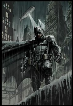 a batman standing in the rain with his bat