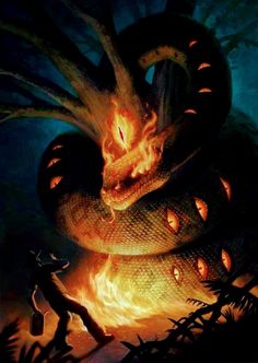 a painting of a fire breathing dragon with flames coming out of it's mouth