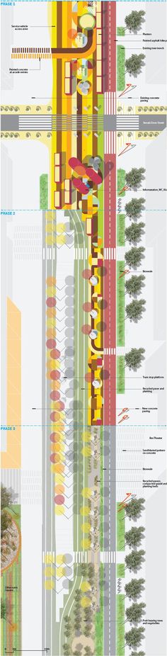 an architectural diagram shows the various sections of a building and its surrounding area, with different colors