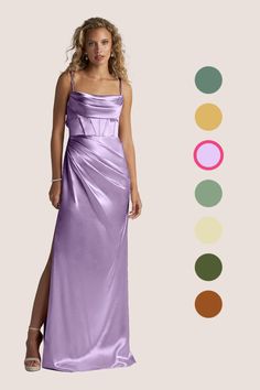 a woman in a long purple dress standing next to a color swat list with different colors